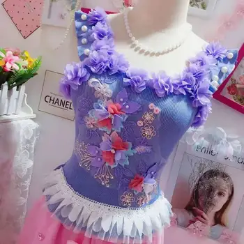 Glasur Flæsekanter Strikket Fancy Lavendel 3D Blomst Beaded Fest Toppe til Kvinder, Damer Sommeren Tanke Camis Fe Tøj