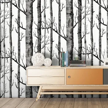 Sort Hvid Birke Træ Tapet til Soveværelset Moderne Design Living Room Wall Paper Roll Rustikke Skov Skoven Wallpapers