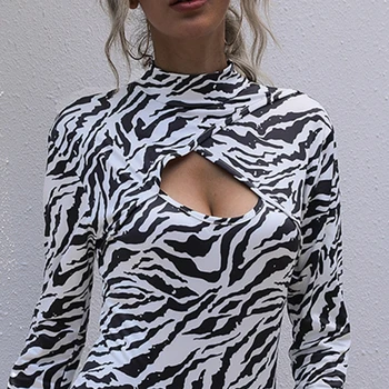 Kvinder Efteråret Langærmet Rullekrave Bodysuit Zebra Stribet Trykt Bodycon Trikot Sexet Hule Ud Af Keyhole Clubwear