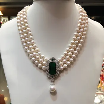 Hot sælge nye 8-9mm naturlig hvid ferskvandsperle multi-lag halskæde zircon tilbehør, mode smykker