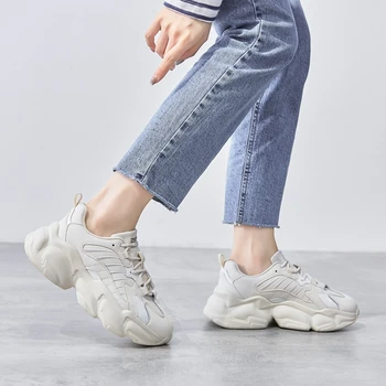2021 Læder Sneakers Kvinder Pure White Tendens Platform Casual Fladskærms Lace-Up Rund Tå Komfortable Chunky Vulkaniseret Sko