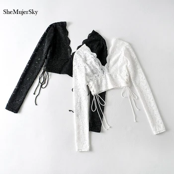 SheMujerSky Kvinder Sexy Lace langærmet Bluse 2021 V-hals Snøre Bandage Slank Afgrøde Top Hvide Skjorter
