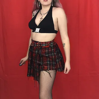 Neongirl Bælte Plisserede En Linje Nederdel Kvinder Gotiske Sexet Spider Web Print Asymmetrisk Plaid Vinger Rød Punk Mode Miniskirt
