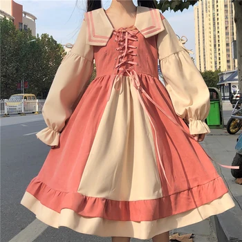 Moko Japansk Stil kawaii tøj søde lolita kjole Matros Krave Snøring Mid-Længde Retro Kjole til Kvinder, Efterår og Vinter