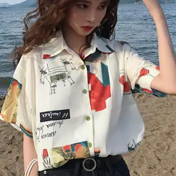 Nye Sommer Vintage Printet Skjorte Kvindelige Oversize Toppe Kvinder Kortærmet Piger Bluse Om Sommeren Koreansk Stil Kvinder Bluser