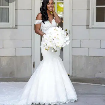 Sydafrikanske Hvide Blonder Havfrue Brudekjoler 2021 Robe Mariage Romantisk Cap Ærmer Brudekjoler Vestidos De Novia Vintage