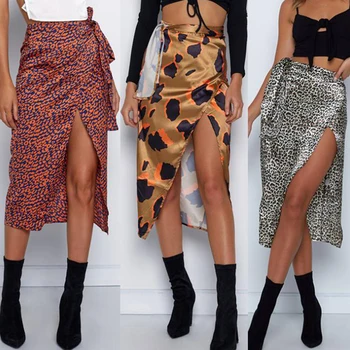 Leopard Print Sommer Nederdel Kvinder Side Split Høj Talje Snøre Asymmetri Mode 2020 Damer Sol Nederdel Kvindelige