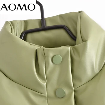 AOMO Kvinder Grøn Imiteret Læder Ærmeløs Vest Parkacoats Tyk 2021 Knapper Kvindelige Varm og Elegant Frakke QN158A