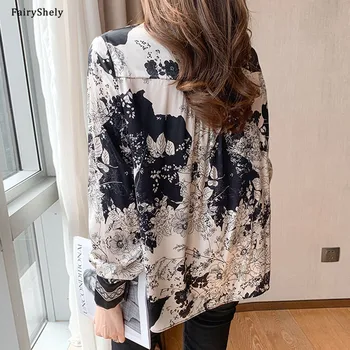 FairyShely 2021 Foråret Faldt Kvinders langærmet Skjorte koreanske Retro Print T-shirt Kvindelige Plus Size Elegante Sexy Lace Pullover Top