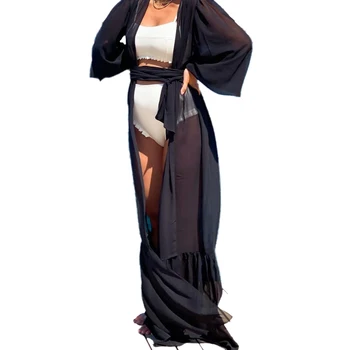 2021 Sommeren Kvindelige Strand Kjole ensfarvet langærmet One-Piece Bikini Dækker med Bælte i Taljen for Kvinder, Sort, S/M/L/XL