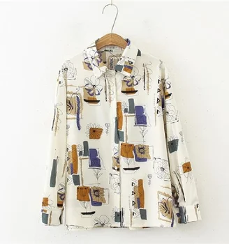Langærmede Shirts Foråret og Sommeren Print Bluse Bf Trendy Cool Retro V-hals Blomst Shirt Kvinder