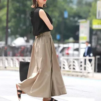 Sommeren 2021 Casual Mid-længde Høj Talje Swing Kvinders Nederdel Japansk Stil, Mode Solid Farve Løs Simpel Hot Salg