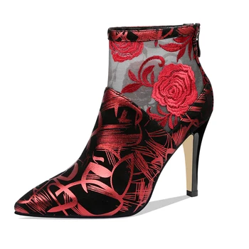Oprindelige Hensigt Populære Kvinder, Ankel Støvler Tynde Høje Hæle Rose Print Støvler Sort Spids Tå Sko Plus Size Kvinde 3-9