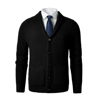 Mænd ' s Shawl Collar Cardigan Sweater Slim Fit Kabel-Strik Knappen op Merino uld Trøje med Lommer