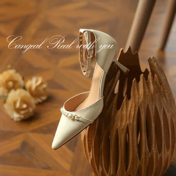 Kvinder sandaler naturlige læder sko plus size 22-25.5 cm Fuld læder Stilethæl sandaler med pearl ankel spænde og spids tå