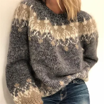Mode O-hals Argyle Overdimensionerede Strikket Sweater Kvinder Vinter Tøj, Vintage Afslappet langærmet Tykke Trøjer Trøjer Kvindelige