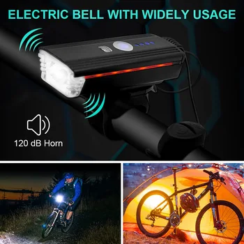Led Cykel Lys Forreste USB-Genopladelige Forlygte Cykel Horn Lampe Lommelygte For Cykling 4 Tilstande Vandtæt Nat Riding Lanterne