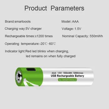 Høj kapacitet 1,5 V AAA 550 mWh USB-genopladelige li-ion-batteri til Fjernbetjening trådløs mus + Kabel