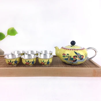 High-end emalje sterling sølv te, der er indstillet 999 sterling sølv tepotte håndlavet, sølv glas vand, Kinesisk stil