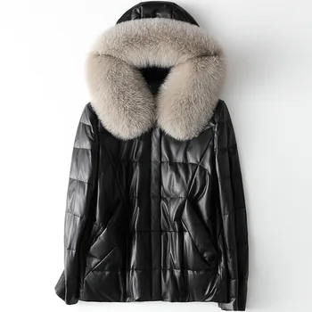 2021 Kvinder i Ægte Læder Jakke Hooded Ræv Pels Krave Sort Læder Frakke Kort Hvid Duck Ned Jakke til russiske Vinter