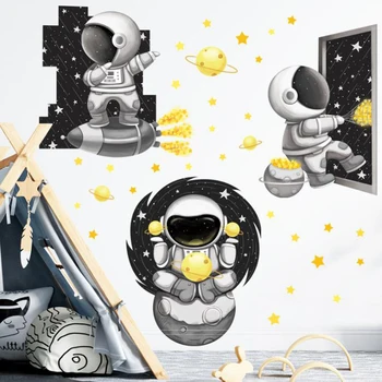 Tegnefilm Astronaut Rumskib Wall Stickers Sort Hvide Stjerner til Drenge Værelset Børnehave Soveværelse DIY Mærkat Hjem Dekoration