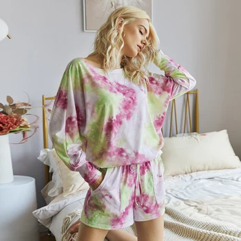 Imcute Kvinder Efteråret Loungewear Uafgjort Farvning Print Sæt 2STK Fashion Ladies Casual Homewear Nattøj Passer Løs T-Shirt+shorts