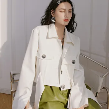 2021 Nye Dame koreansk Mode Korte Hvide Knappen Jakke Kvinder Foråret Efteråret Casual Single-breasted Turn-down Krave Outwear