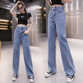 Houthion Nye Høj Talje Kvinder er Denim Jeans Mode Sommeren Solid Farve Bred Ben Lomme koreanske Casual Tynde Bukser