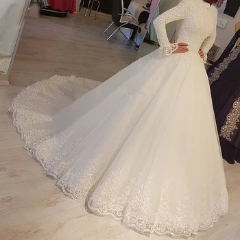 Langærmet Muslimske Bryllup Kjoler til Bride 2021 Marokkanske Kaftan Bolden Kjole Blonde Pynt Bryllup Brude Kjole