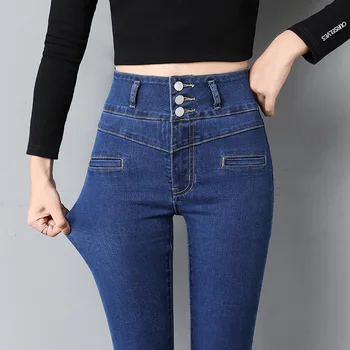 New Høj Talje Tre Knapper Jeans Kvinder Tynde Mode koreanske Denim Blyant Bukser Strække Slank Alle-passer til Afslappet Denim Bukser