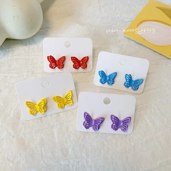 Lille Blå Tre-dimensionelle Hule Butterfly Øreringe Kvindelige Temperament Sweet Candy Farve Ørestikker Simpel Lille Øre Smykker