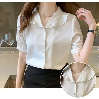 Kvinders Sommeren Chiffon Skjorte Bluser for Kvinder kortærmet Skjorte Mode Kvinde, Bluser 2021 Hvid V-hals Knap Op-Shirts Basic