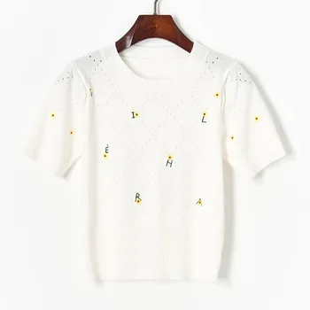 Sommer Hvid Strik T-Shirt med Hul Diamant Broderet Blomst Breve Casual Y2K Kort Strik Kvinder Tøj 2021