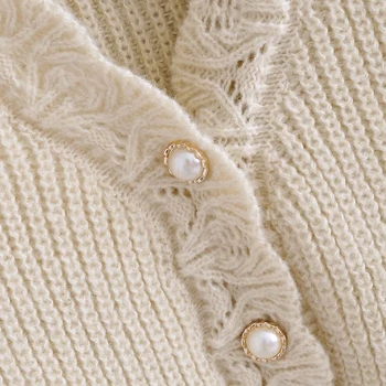 TRAF ZA Kvinders Office Mode Cardigan Strikket Sweater Med Pearl Knapper Behagelig langærmet England Style Overtøj Toppe