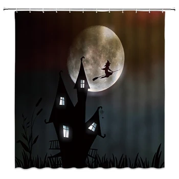 Halloween Badeforhæng Sjove Horror Tema Part Indretning Witch Castle Moon Night View Badeværelse Indretning Polyester Stof Gardin