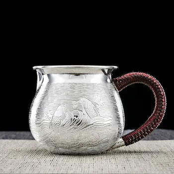 Sølv retfærdighed cup i sterling sølv 999 hånd-indgraveret lyse ansigt Kinesiske te-sæt i sterling sølv te divider cup