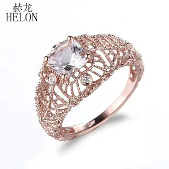 HELON Solid 10K Guld Pude 6mm Ægte Morganite Diamanter Ring Vintage Antikke Smykker Engagement Ring