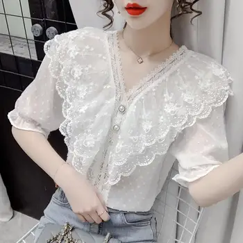 Kvinder koreansk Mode Chiffon Blouse 2021 Sommeren Afslappet ensfarvet Skjorte Dame Korte Ærmer V-hals Top Blusa Femme Plus Size L556