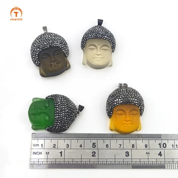 3Pcs Multi Tinct Sten Buddha Hoved Amulet Vedhæng Crystal Bane Rhinestone Vedhæng, Perler, Glas, Smykker Resultater Til Halskæde