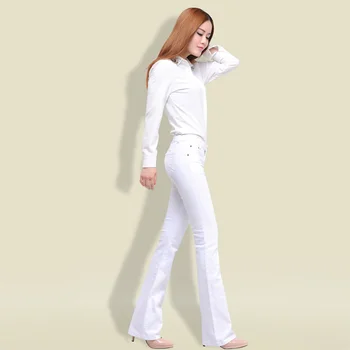 Foråret Efteråret Tynde Høj Talje Jeans Bukser Lange Koreansk Mode Strække Blusset Boot Cut Jeans Kvinder Hvid Top Kvalitet Bukser