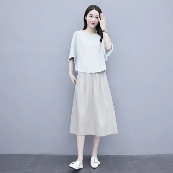 Bomuld To-delt Sæt Til Kvinder 2021 Sommeren Nye koreanske Mode Korte Ærmer Toppe Og Elastisk Talje Nederdel Kvindelige Passer aq341