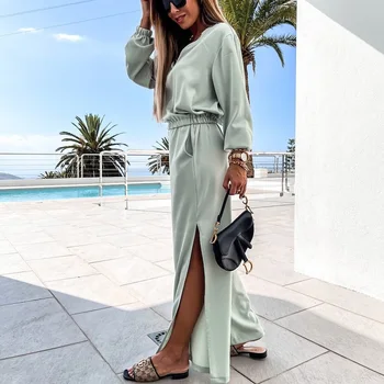 Summer Women Solid Full Sleeve Sets Two-piece V-neck Long-sleeved Casual Sports Suit Pyjamas Sets Fashion Sexy Loungewear Sets