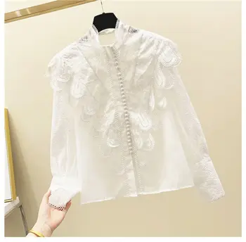 2021 Foråret Palace Stil Broderet Pjusket Stå Krave Kvinder Skjorte Lace Syning Hvid Top Fashionable Solid Bluse