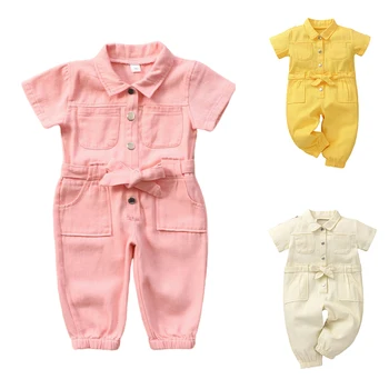 Nyfødte Baby Denim Baby Pige Tøj, Udstyr Multi Pocket Enkelt Række-Knappen kortærmet Lace up Jumpsuit kroppen Tøj