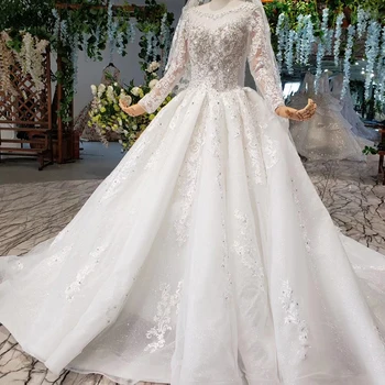 HTL936 som hvid brudekjole plus size lange ærmer o-hals-perle-afrikansk bryllup kjoler til kvinder 2020 med slør vestido noiva