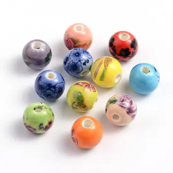Trykt Håndlavet Porcelæns Perler, Runde, Blandet Farve, 10mm, Hul: 2mm