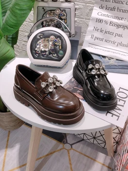2021 forår og efterår modeller af rhinestone kæde tykke såler kvinders sko Britisk stil hældning hæl lille læder sko