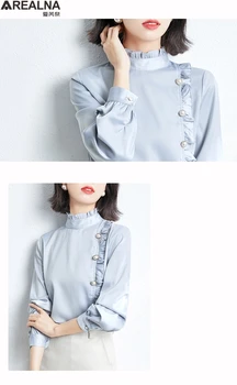 Foråret Silke Bluse Kvinder koreansk mode langærmet Elegante bluser femme stå krave Flæsekanter kontor dame Shirts blusas mujer