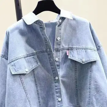 Falske To-delte koreanske Blusas Mode, Denim Patchwork Lange Ærmer Kvinder skjorte Foråret Casual Løs koreansk Stil Stribede Bluser