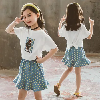 Sommer Piger, Tøj Sæt Til Børn, der Passer til 2020 Grafisk Print T-shirt+Polka Dot Nederdele 2stk Girls Fashion Tilbage Split Passer